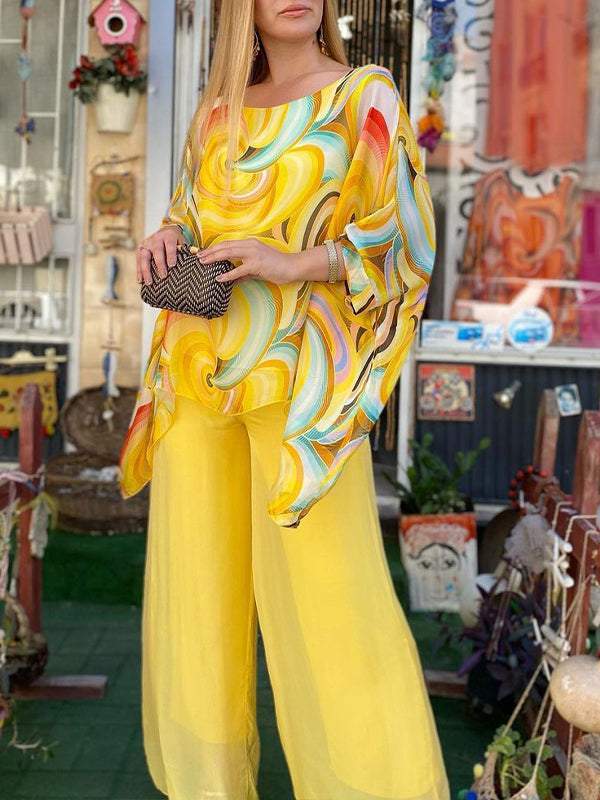 Guadalupe - Kleurrijk tweedelig chiffon damespak met casual print en ronde hals, zomer