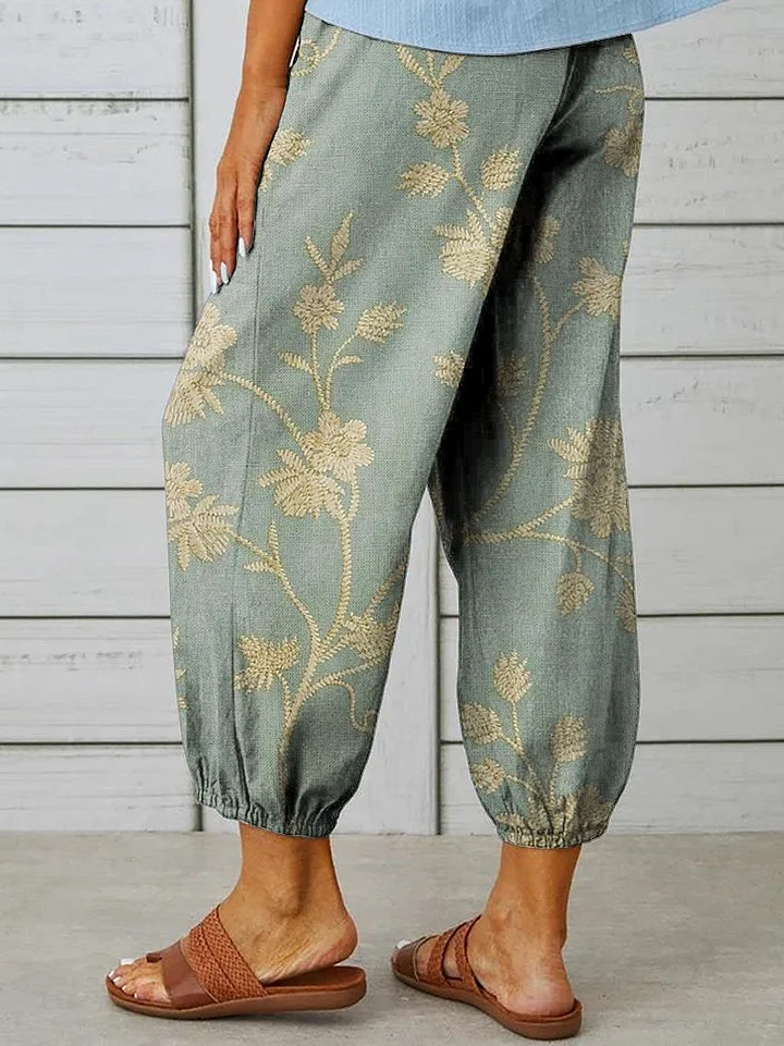 Laura - Retro elegante casual damesbroek met bloemenkunstprint