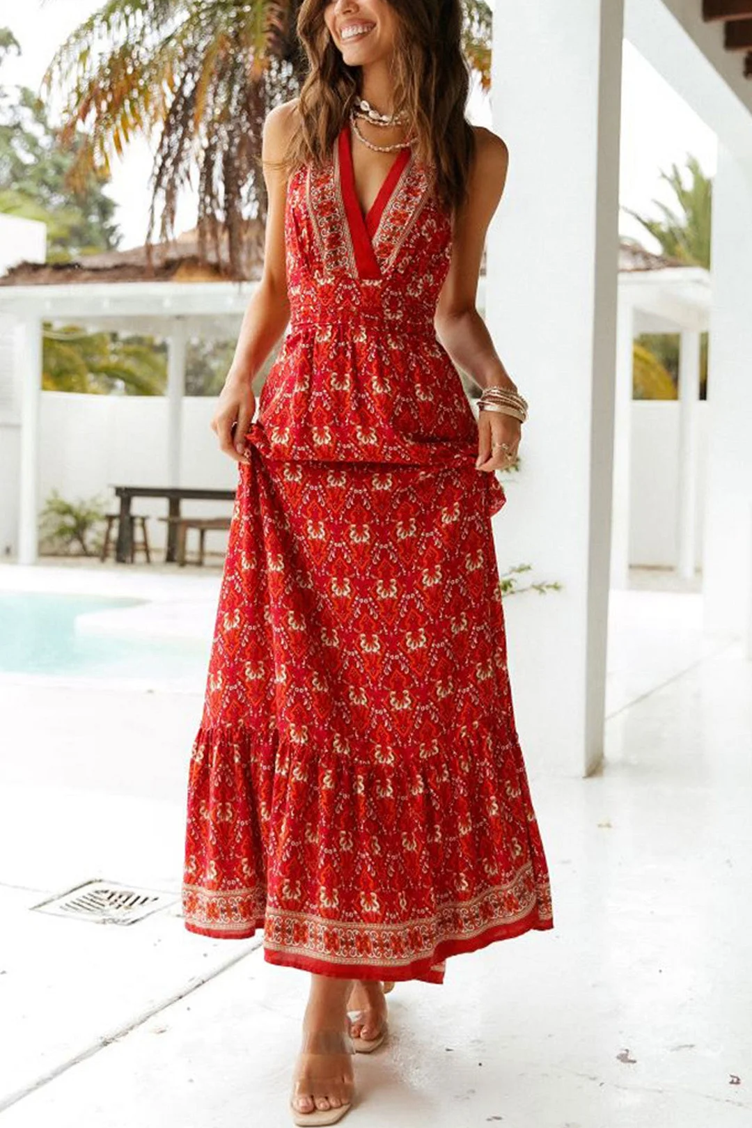 Mia – maxi-jurk, boho-jurk, zomerjurk, halterneck Maia Dwarf in roze en rood