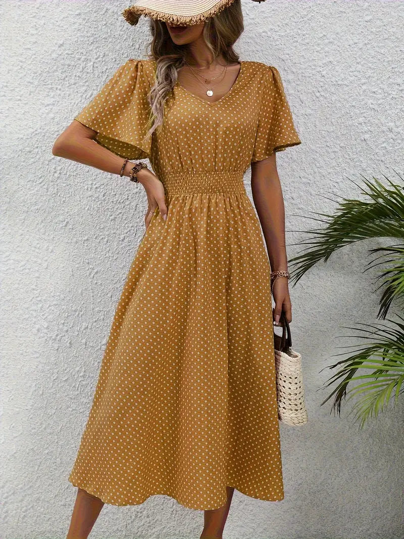 Carolina - Allover Print Shirred Waist Dress, Casual Jurk met Korte Mouwen