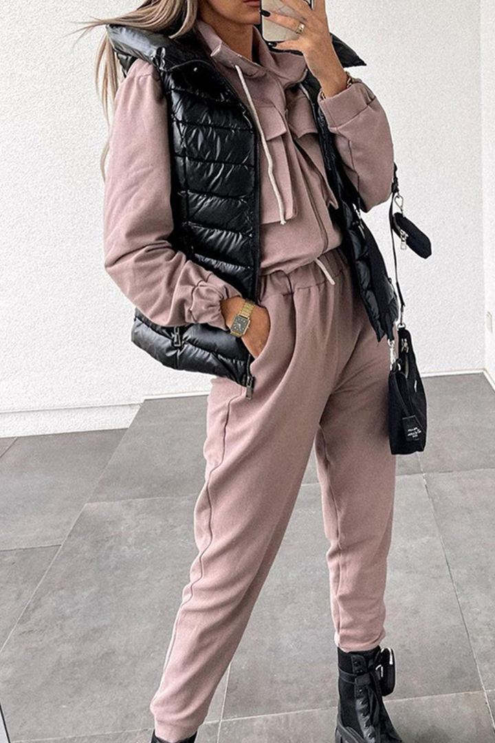 Nonchalant Tweedelig Outfit met Ritskraag en Lange Mouwen