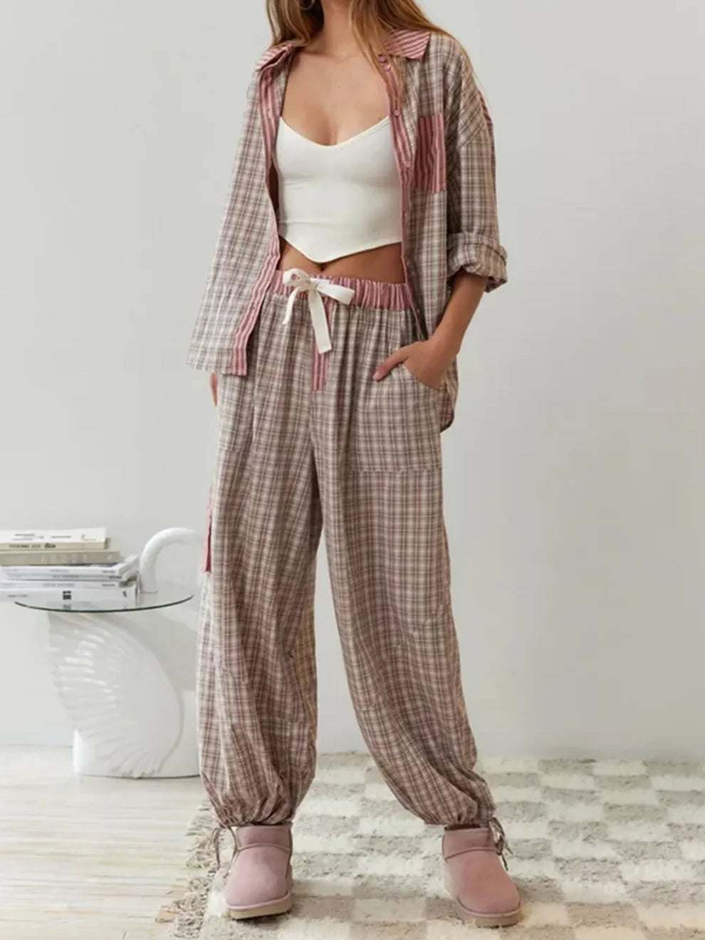 Dames tweedelig pyjama set met geruit patroon