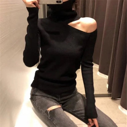 Stijlvolle Gebreide Trui met Ontblote Schouders voor Vrouwen – Lange Mouw Turtleneck Pullover