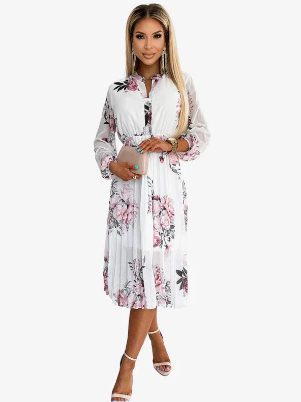 Stijlvolle jurk met bloemenprint en diepe halslijn voor een elegante uitstraling
