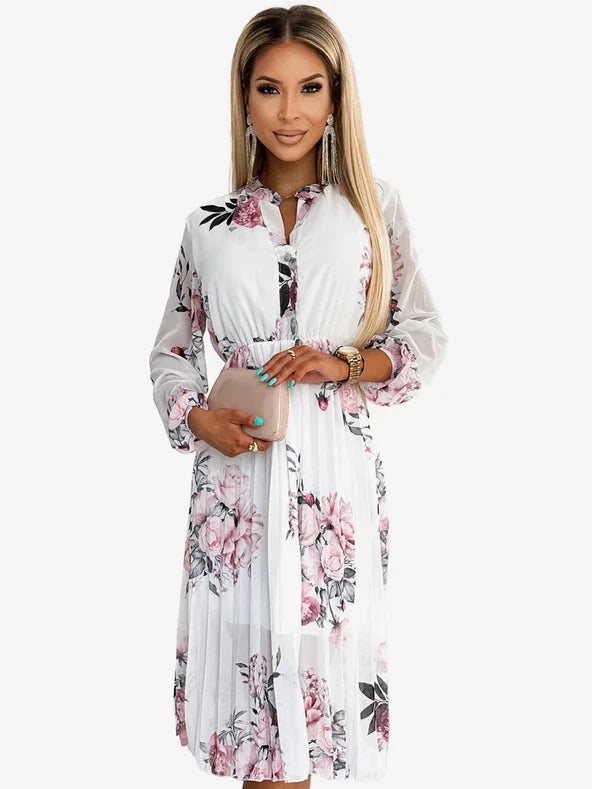 Stijlvolle jurk met bloemenprint en diepe halslijn voor een elegante uitstraling