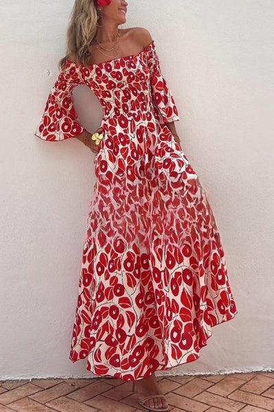 Amanda - Close To The Vacation Gesmokte off-shoulder maxi-jurk met bloemenprint en zakken