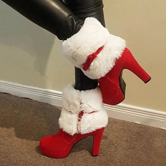 Dames Hoge Hiel Enkelboots in Rood en Zwart voor de Winter, Perfect voor Casual Wandelen, Feestjes en Kerstgelegenheden - Beschikbaar in Plus Maten