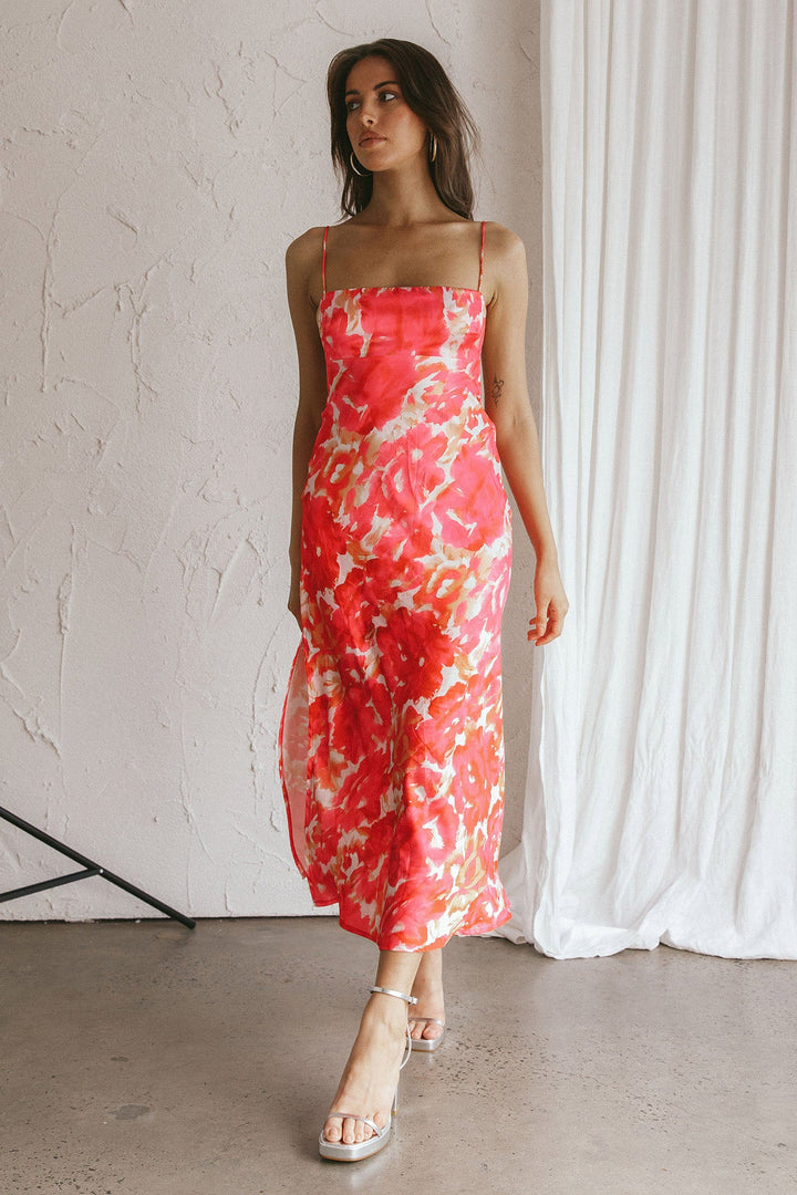 Delia - Roze Bloemen Midi Jurk met Lage Rug voor een Zoet Leven