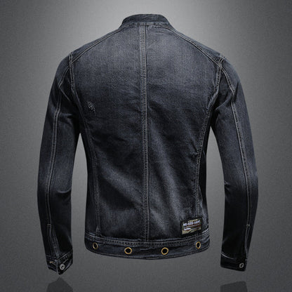 Heren Retro Denim Jacket met Staande Kraag - Donkerblauwe Stijl met Rits