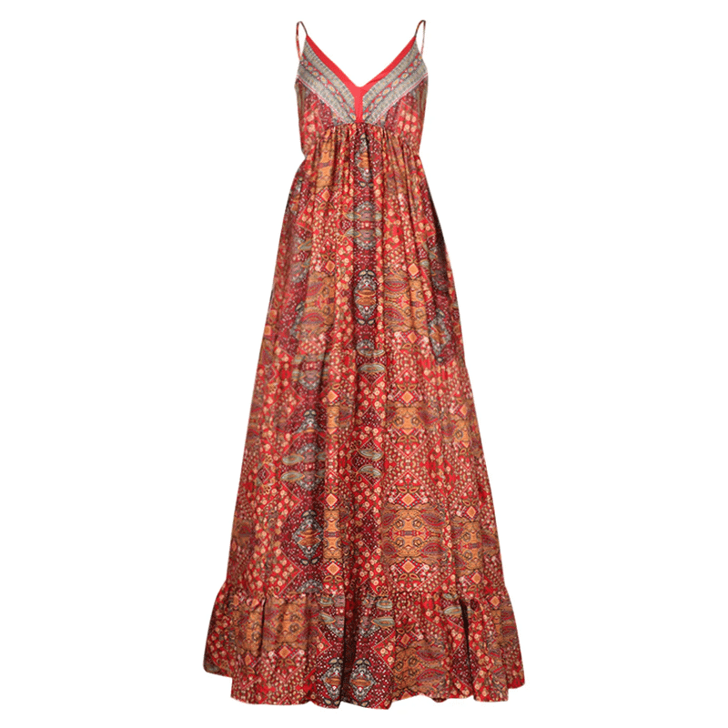 Dora - Rode lange bohemian chique jurk met fijne bandjes en print
