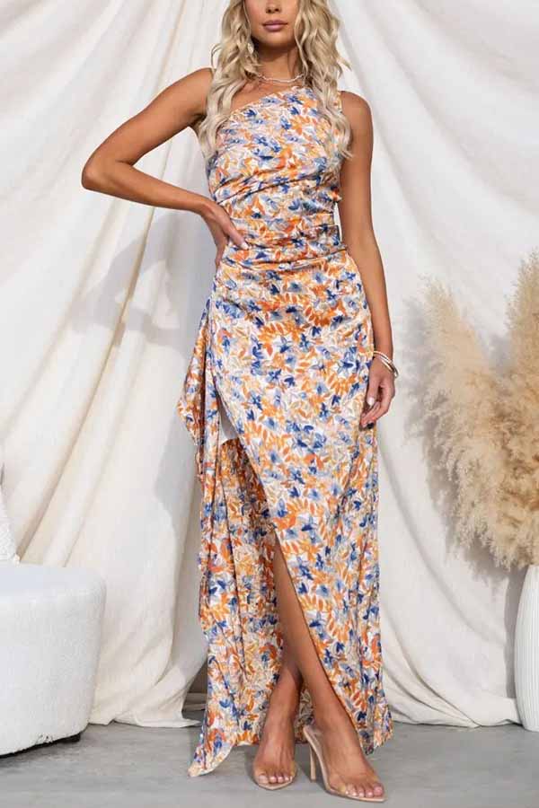 Maria - Gedurfde Bloemen Asymmetrische Maxi Jurk met Rimpeldetails