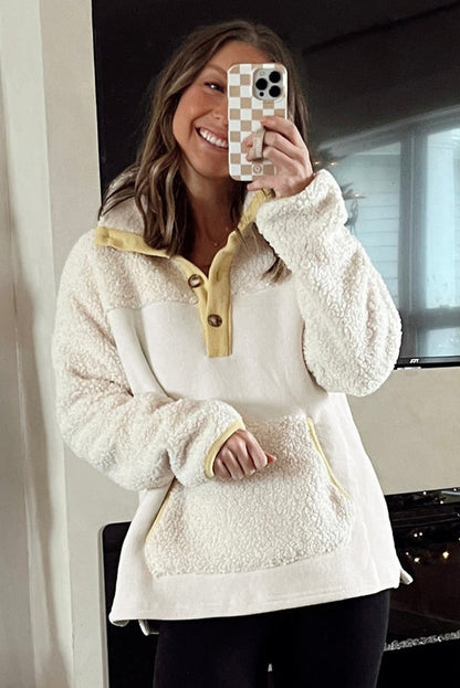 Beige Sweater met Kleuraccent, Knoopkraag en Praktische Zak