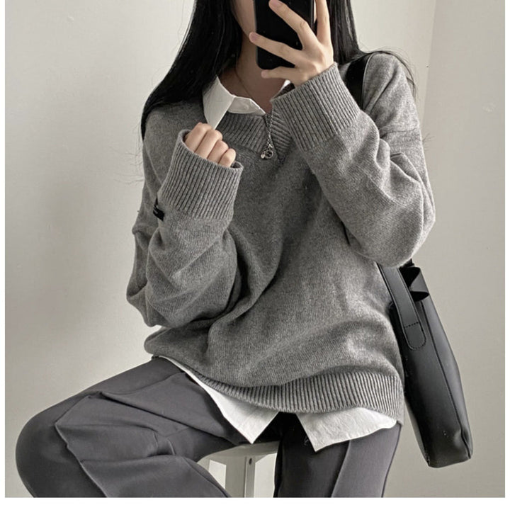 Eenvoudige V-hals Trui in Effen Kleuren voor een Dark Academia Look