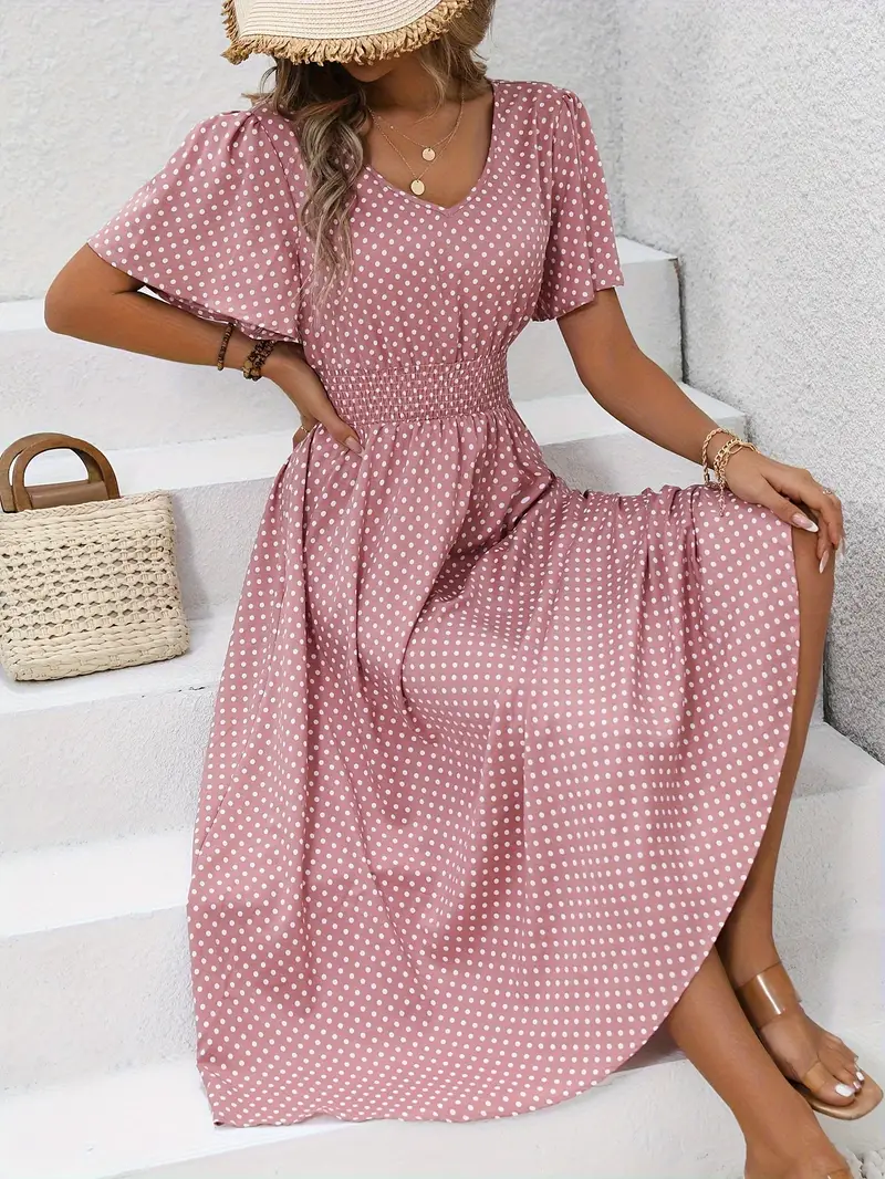 Carolina - Allover Print Shirred Waist Dress, Casual Jurk met Korte Mouwen