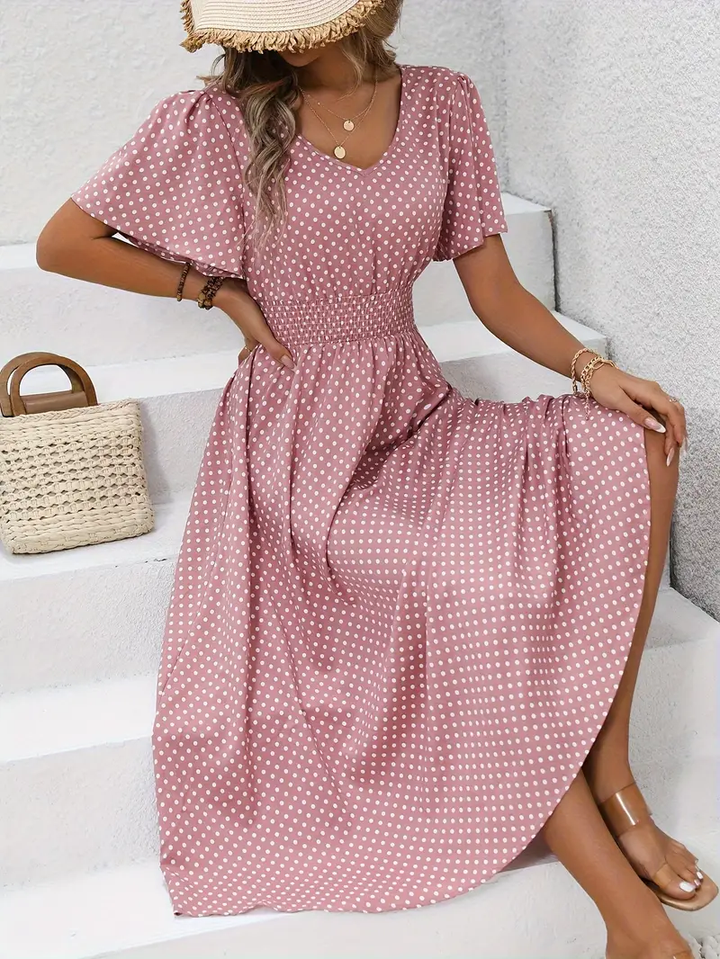 Carolina - Allover Print Shirred Waist Dress, Casual Jurk met Korte Mouwen
