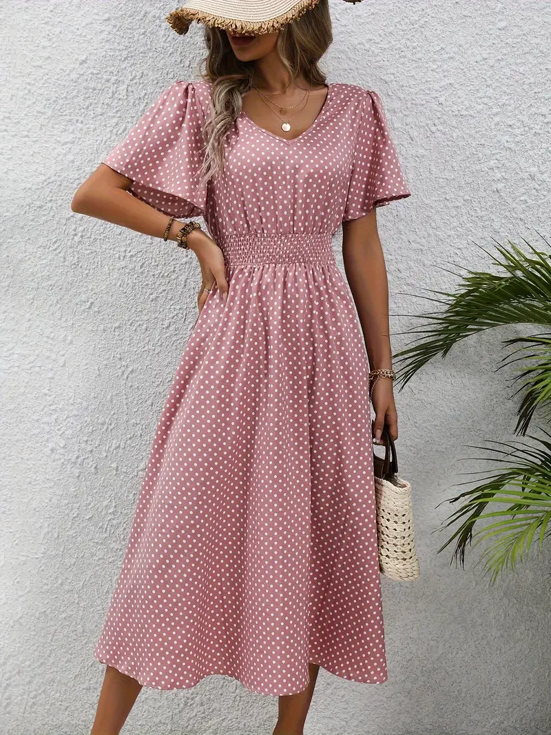 Carolina - Allover Print Shirred Waist Dress, Casual Jurk met Korte Mouwen