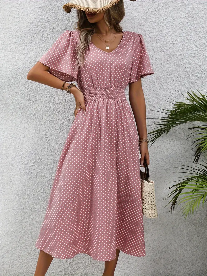 Carolina - Allover Print Shirred Waist Dress, Casual Jurk met Korte Mouwen