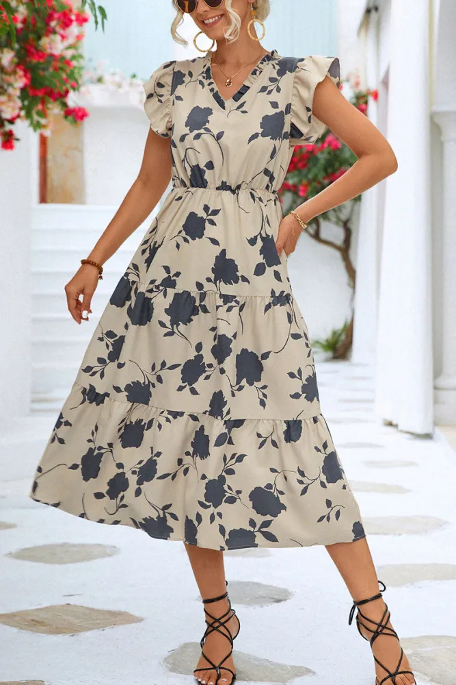 Mia - Floral V Neck Beach Ruffle "Sleeve Midi Dress"