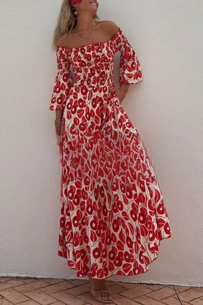 Amanda - Close To The Vacation Gesmokte off-shoulder maxi-jurk met bloemenprint en zakken