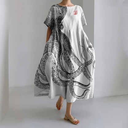 Casual kunst maxi-jurk met Japanse kunst-octopus- en krabprint