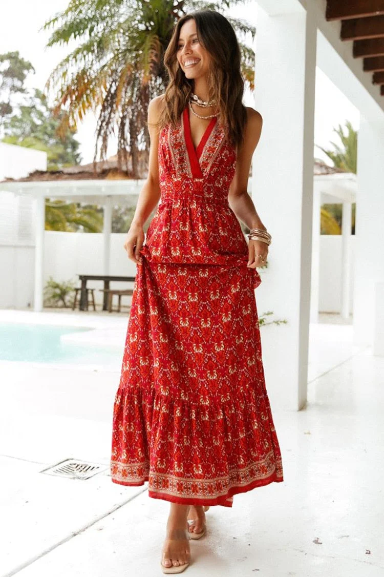 Mia – maxi-jurk, boho-jurk, zomerjurk, halterneck Maia Dwarf in roze en rood