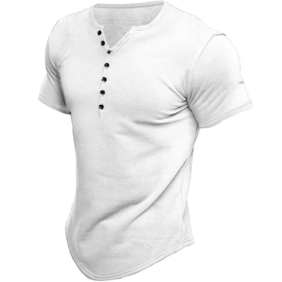 Harley - Henley effen kleur casual T-shirt met korte mouwen en casual vintage voor heren