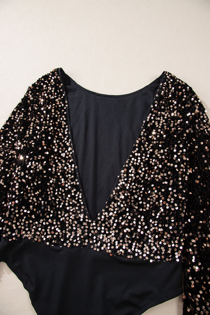 Elegante body met diepe V-hals, glinsterende accenten en pofmouwen