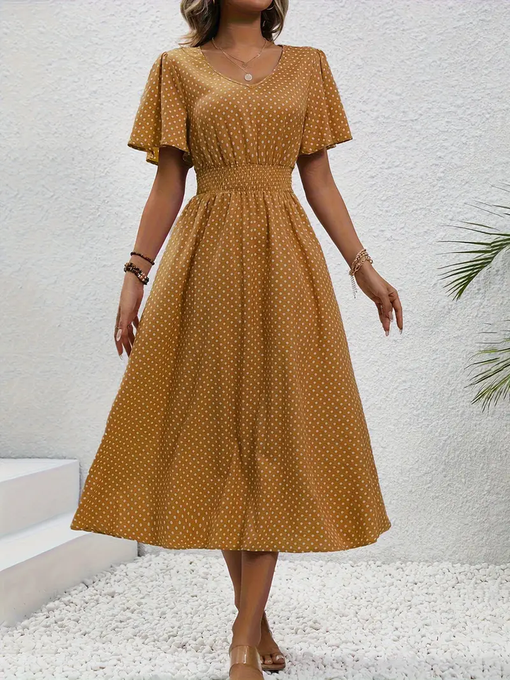 Carolina - Allover Print Shirred Waist Dress, Casual Jurk met Korte Mouwen