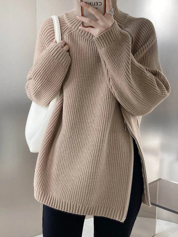 Vrouwen Zipper Hoge Hals Trui met Lange Mouwen en Loose Fit