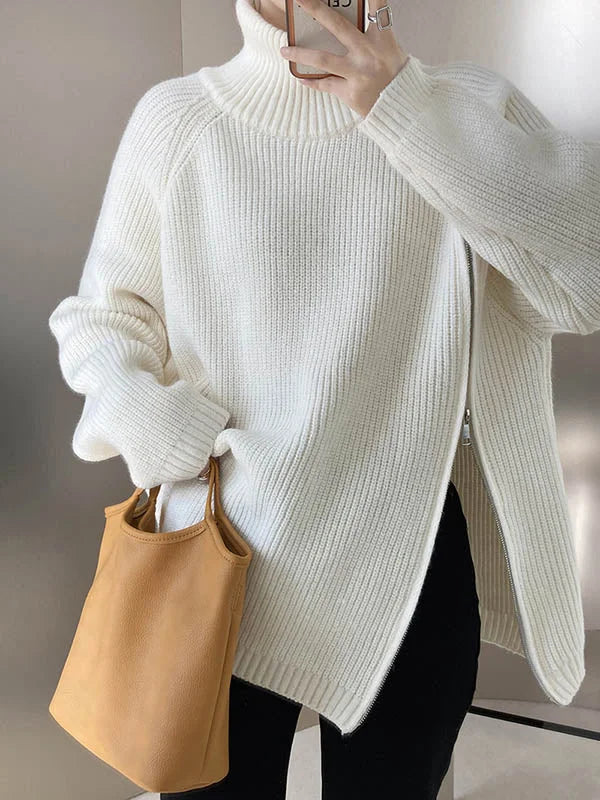 Vrouwen Zipper Hoge Hals Trui met Lange Mouwen en Loose Fit