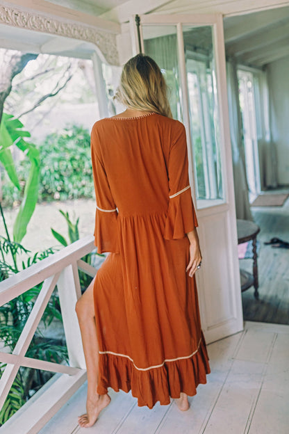 Naomi - Dames lente en zomer Boheemse vakantie Elegante geborduurde lange jurk met effen kleur en splitten