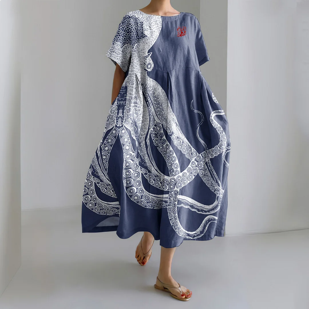 Casual kunst maxi-jurk met Japanse kunst-octopus- en krabprint