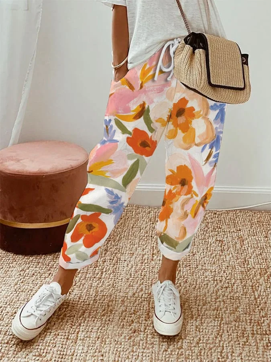 Victoria - Damesveter met botanische bloemen en losse casual broek met trekkoorden