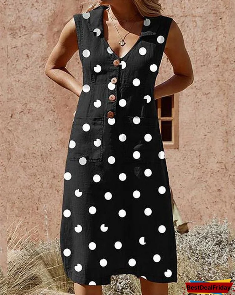 Daniela Vrouwen Plus Size Knoopsluiting Polka Dot Pocket Elegante Jurk