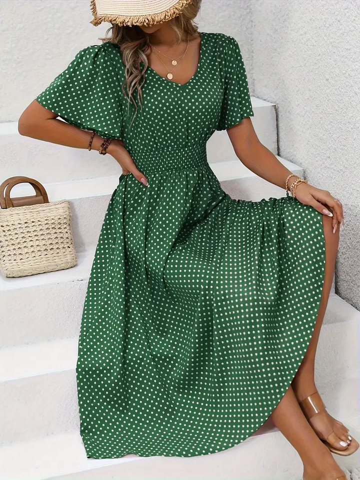 Carolina - Allover Print Shirred Waist Dress, Casual Jurk met Korte Mouwen