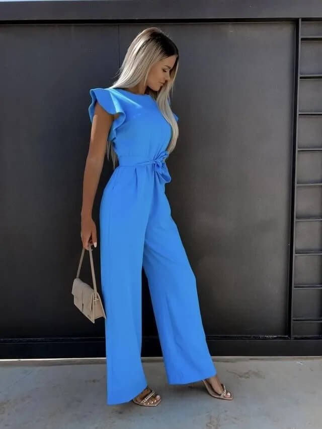 Elegante dames jumpsuit met korte wijde mouwen en strikdetail in de taille