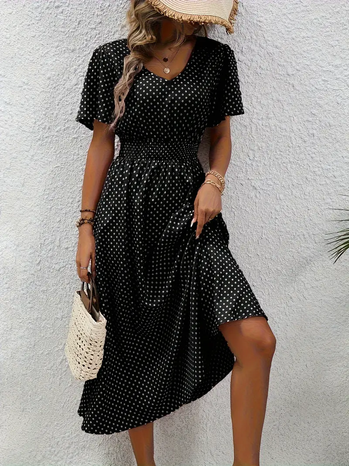 Carolina - Allover Print Shirred Waist Dress, Casual Jurk met Korte Mouwen