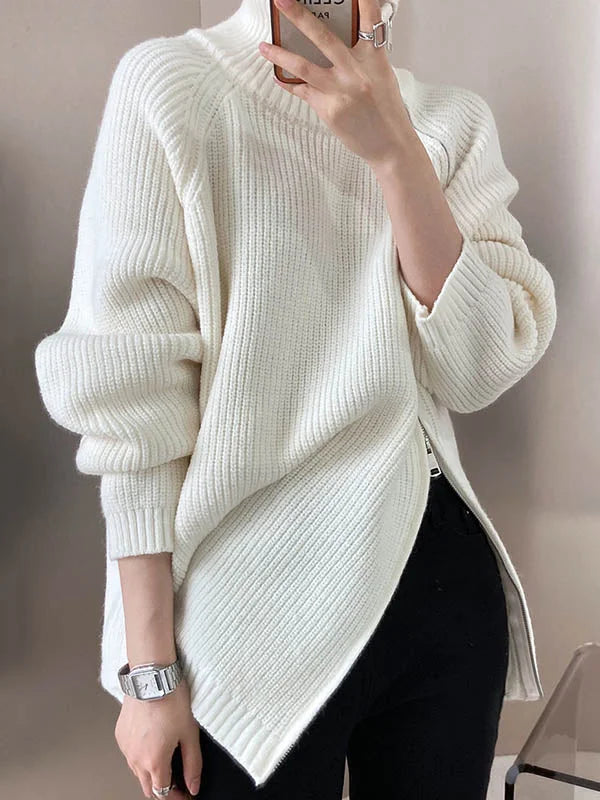 Vrouwen Zipper Hoge Hals Trui met Lange Mouwen en Loose Fit