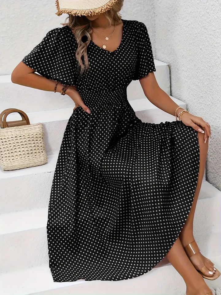 Carolina - Allover Print Shirred Waist Dress, Casual Jurk met Korte Mouwen