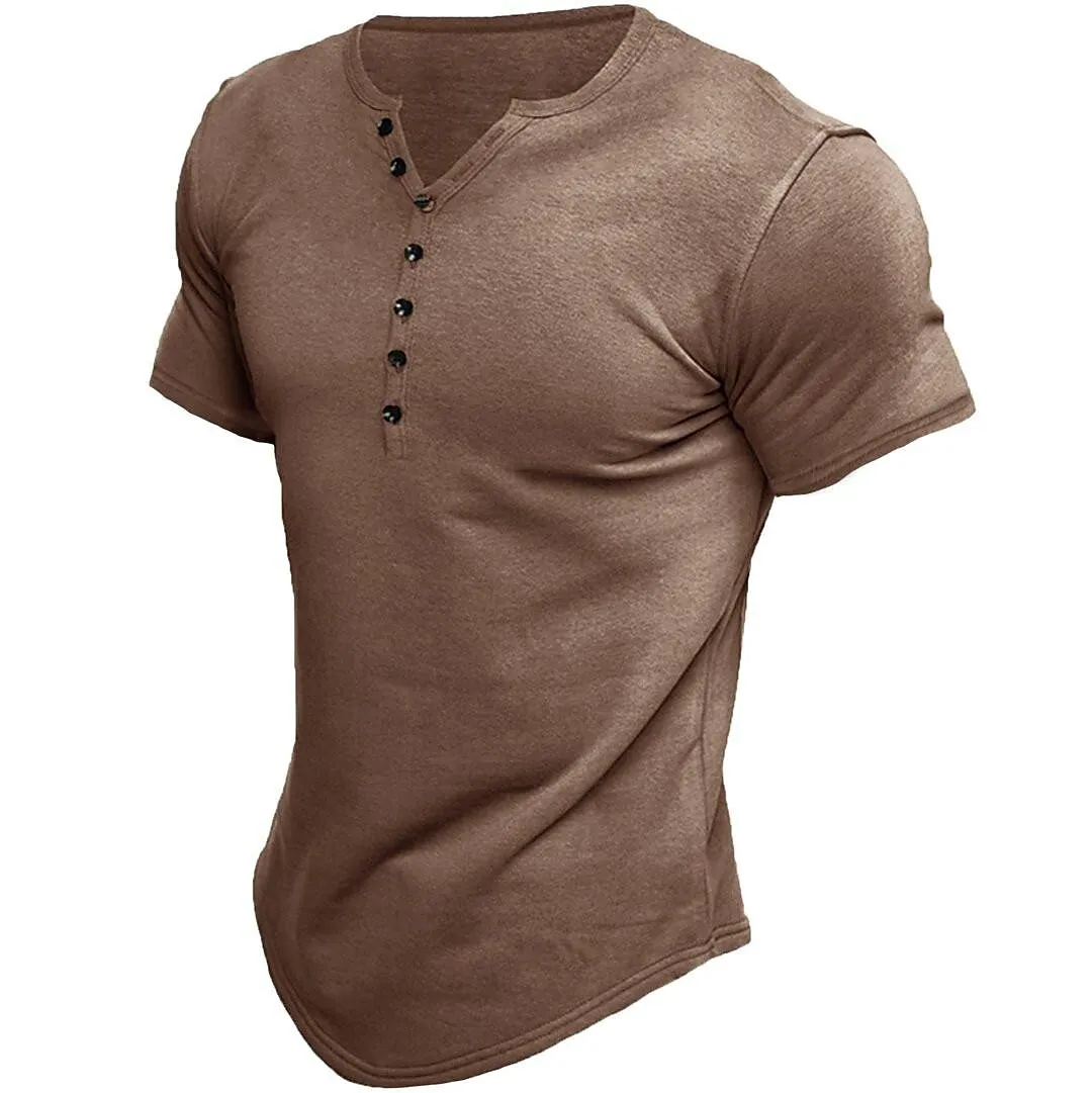 Harley - Henley effen kleur casual T-shirt met korte mouwen en casual vintage voor heren