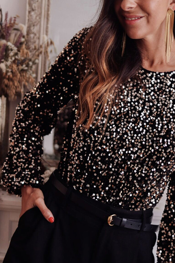 Elegante body met diepe V-hals, glinsterende accenten en pofmouwen