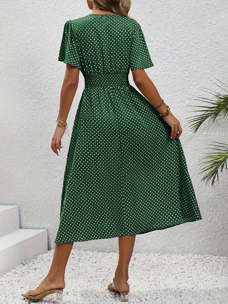 Carolina - Allover Print Shirred Waist Dress, Casual Jurk met Korte Mouwen