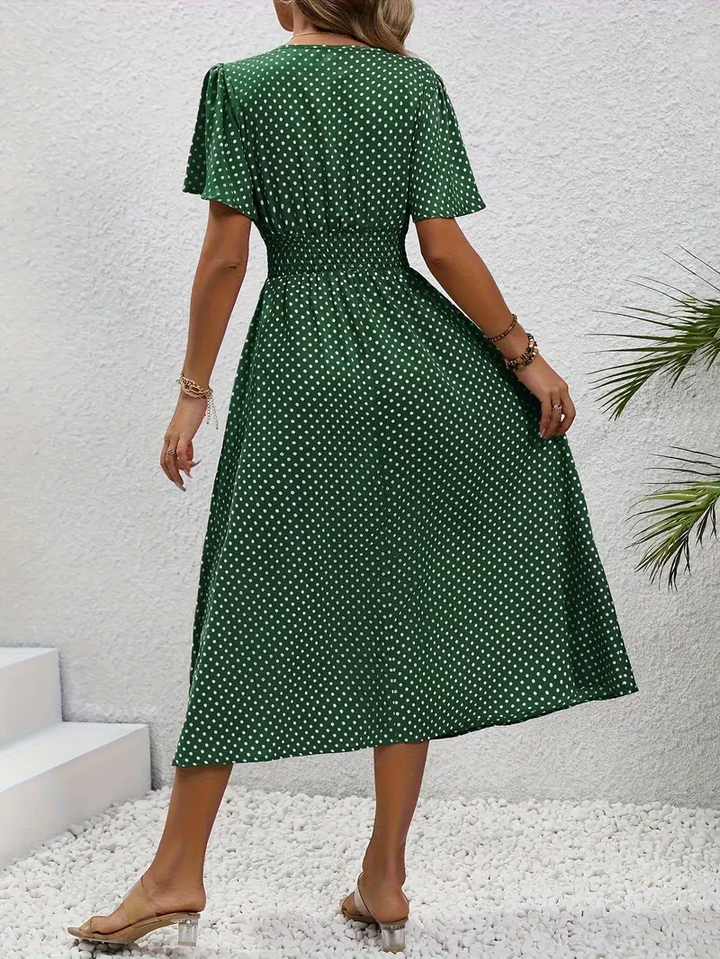 Carolina - Allover Print Shirred Waist Dress, Casual Jurk met Korte Mouwen