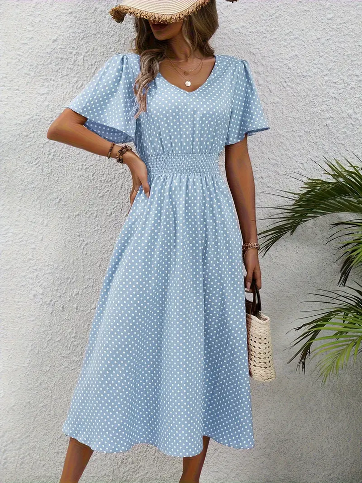 Carolina - Allover Print Shirred Waist Dress, Casual Jurk met Korte Mouwen