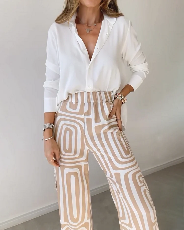 Andrea - Tweedelige set met reversoverhemd met lange mouwen en print, zonder riem