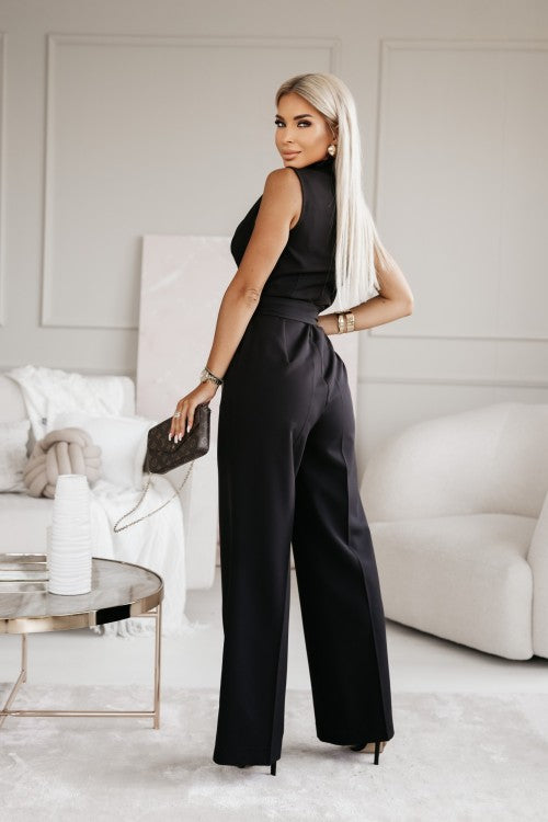Mouwloze dames jumpsuit met diepe halslijn en klassieke revers