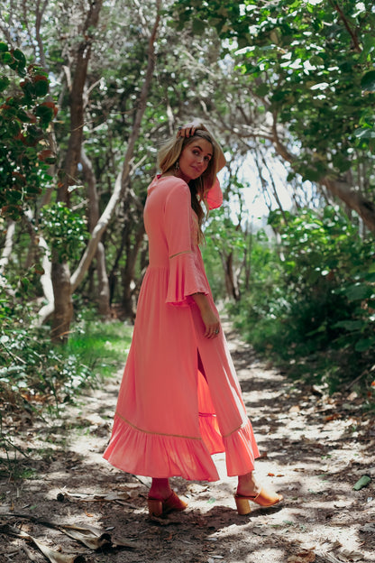 Naomi - Dames lente en zomer Boheemse vakantie Elegante geborduurde lange jurk met effen kleur en splitten