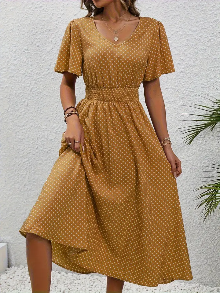Carolina - Allover Print Shirred Waist Dress, Casual Jurk met Korte Mouwen