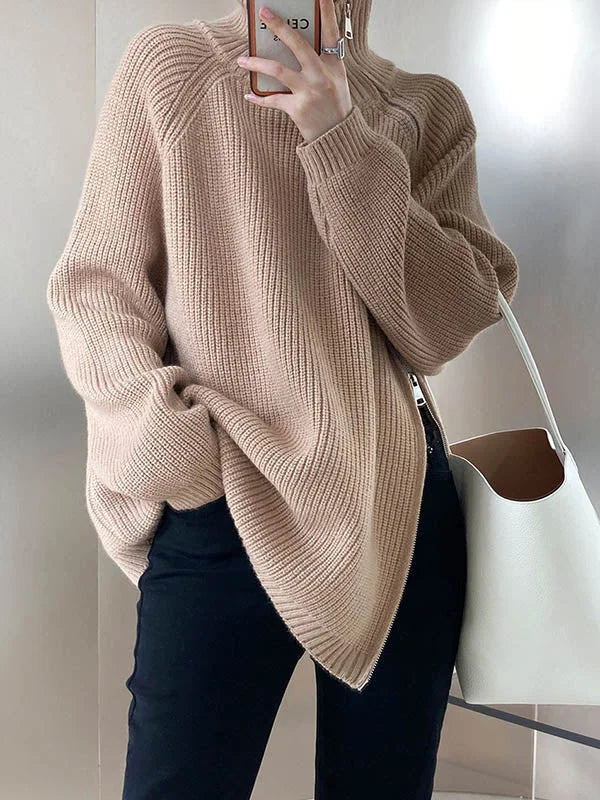 Vrouwen Zipper Hoge Hals Trui met Lange Mouwen en Loose Fit