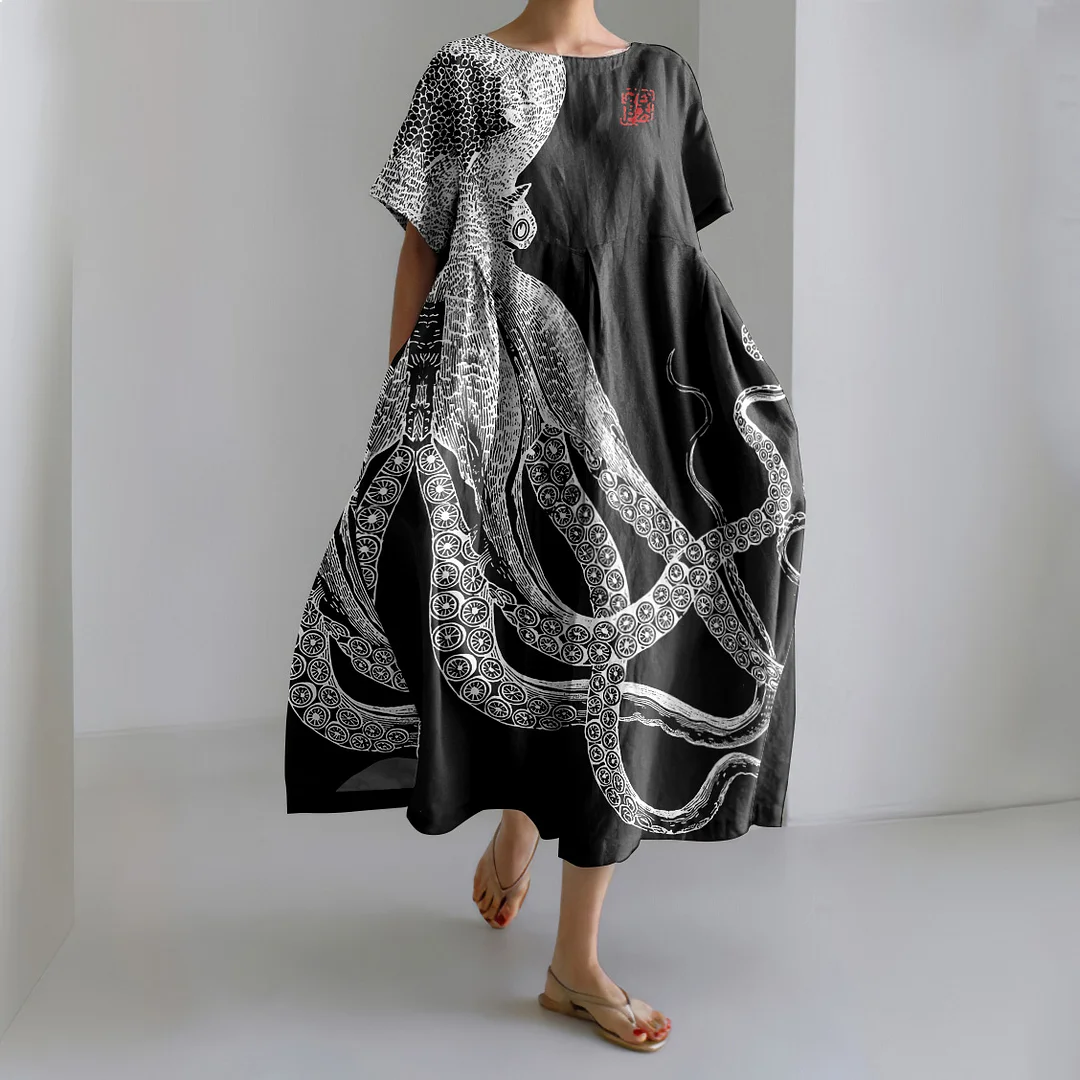 Casual kunst maxi-jurk met Japanse kunst-octopus- en krabprint